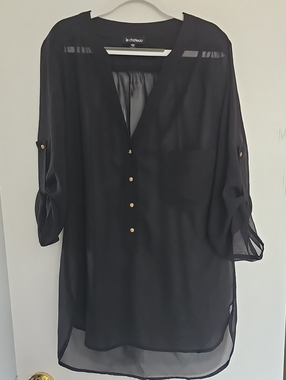 le chateau Black Sheer V-Neck Gold Buttons Size XXS Loose Blouse